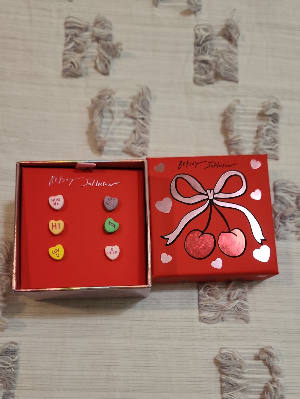 NWT, Betsey Johnson Red Cherry & Conversation Heart Stud Earring Gift Set